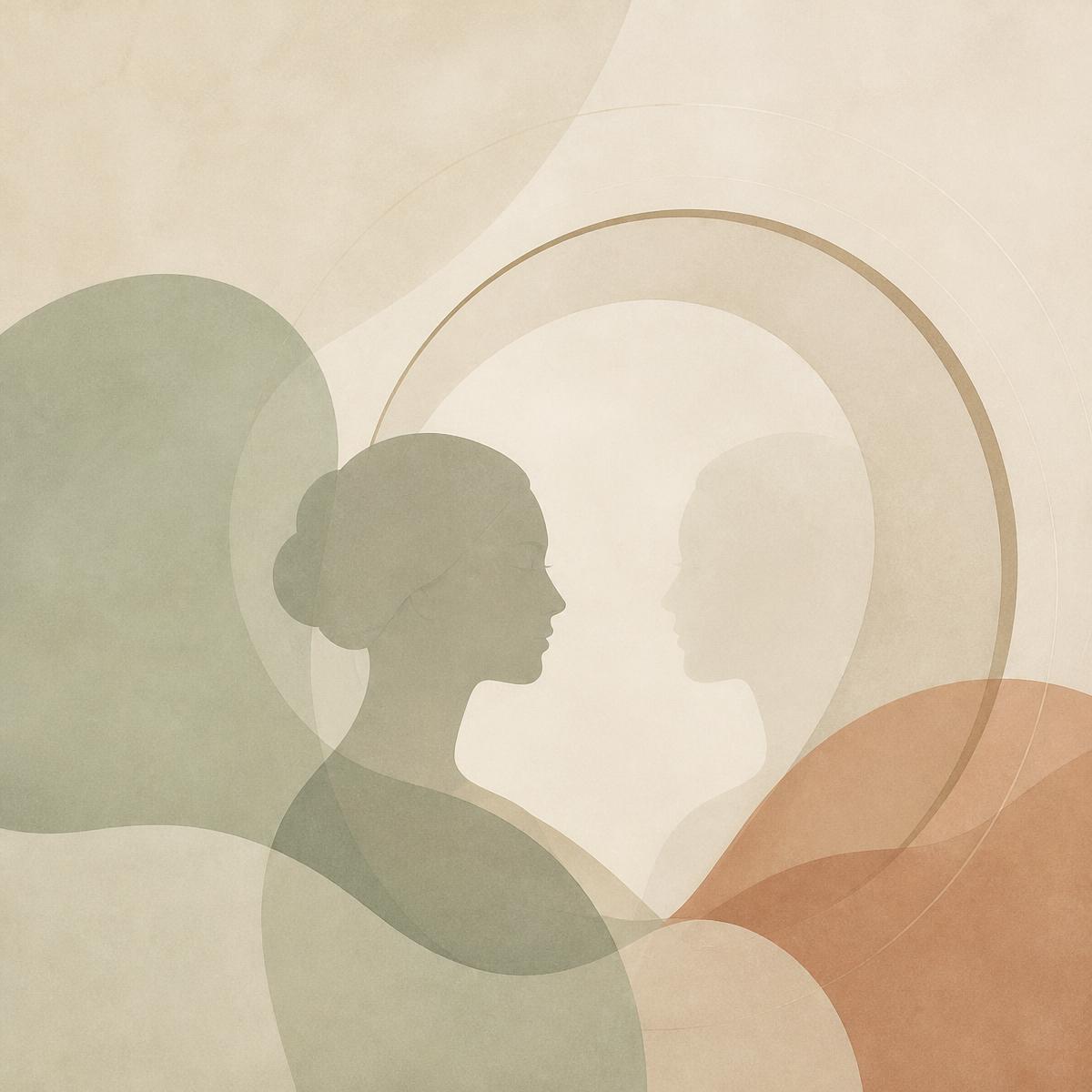 Abstract artwork of two calm profiles reflected within soft overlapping shapes